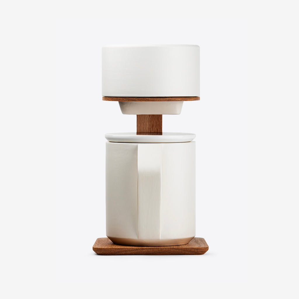 Pour-Over Coffee Maker in Oak Wood and White Ceramics by Wolf Miu