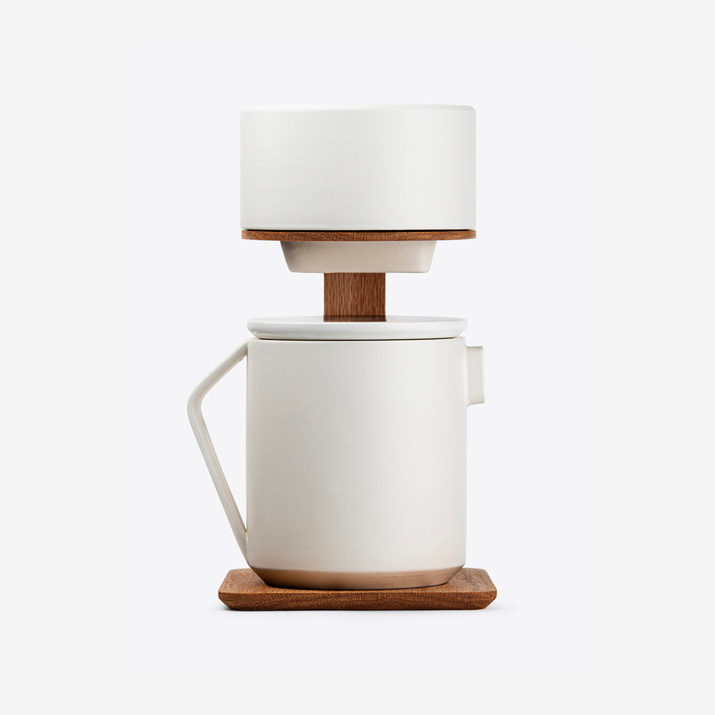 Pour-Over Coffee Maker in Oak Wood and White Ceramics by Wolf Miu