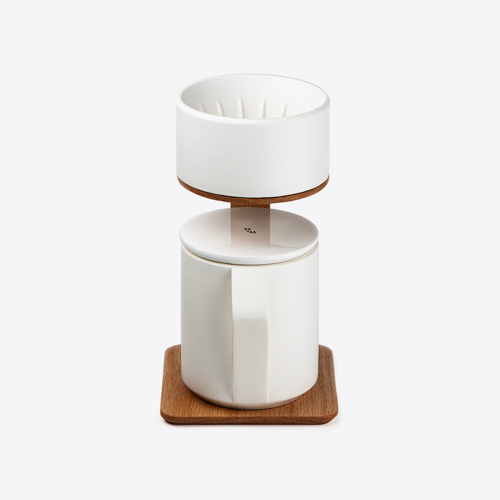 Pour-Over Coffee Maker in Oak Wood and White Ceramics by Wolf Miu