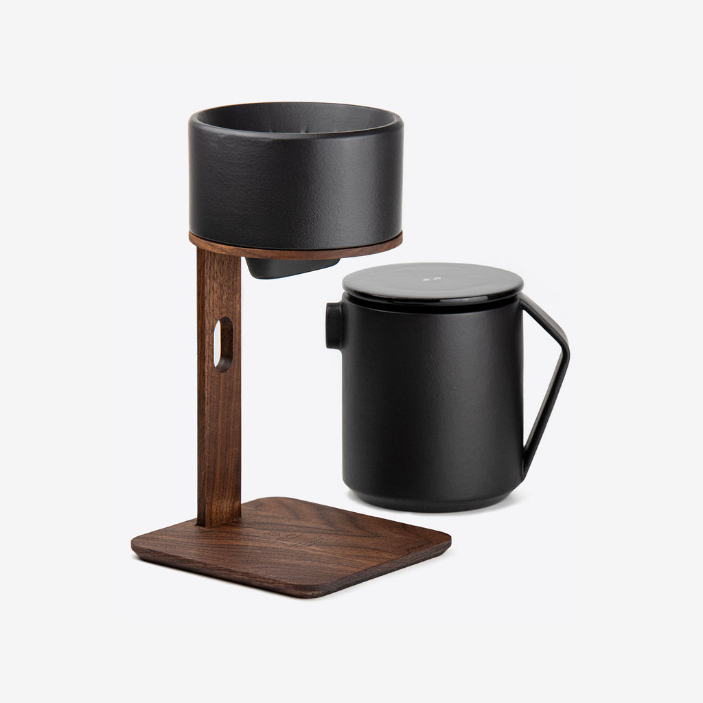 Pour-Over Coffee Maker in Walnut Wood and Black Ceramics by Wolf Miu