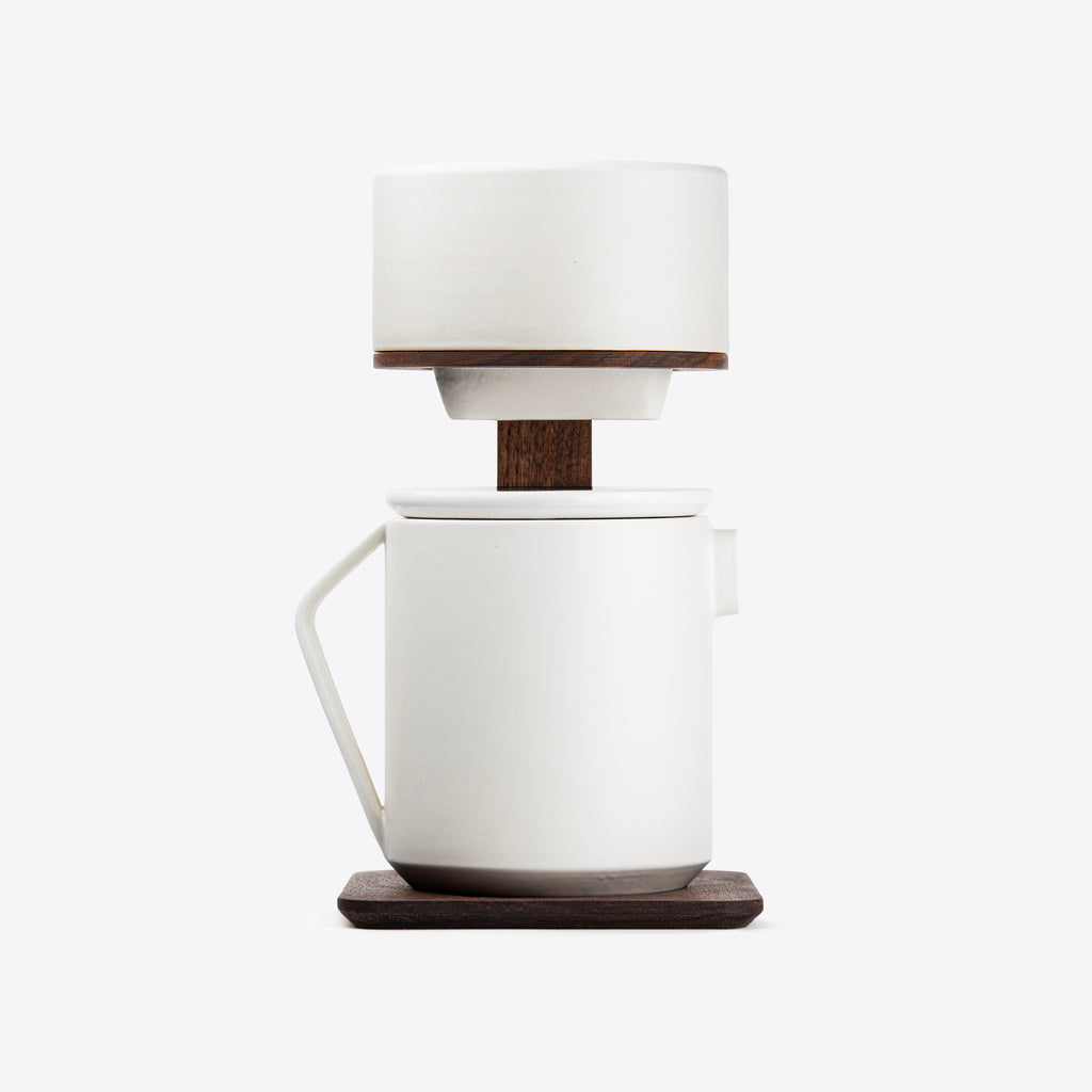 Pour-Over Coffee Maker in Walnut Wood and White Ceramics by Wolf Miu