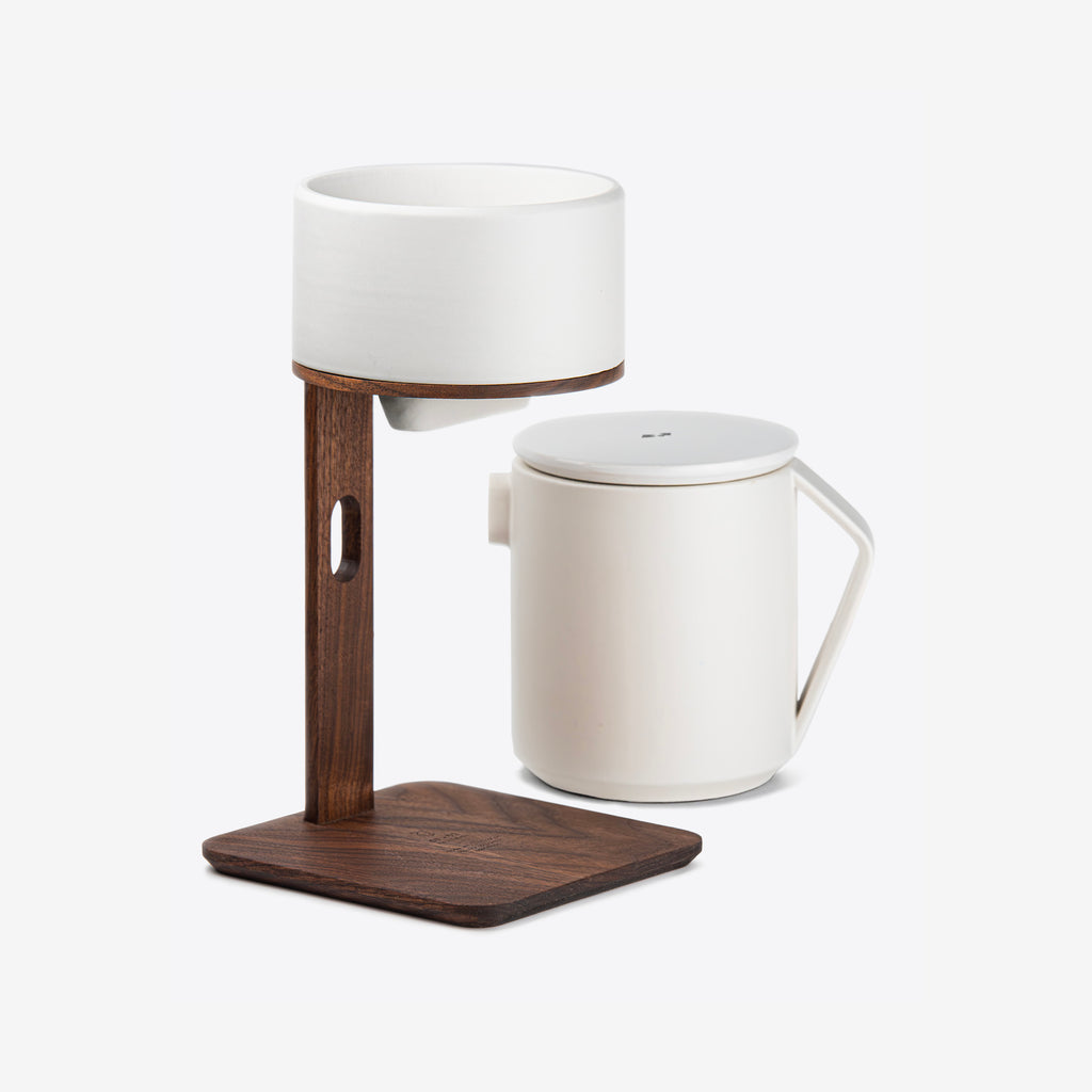 Pour-Over Coffee Maker in Walnut Wood and White Ceramics by Wolf Miu